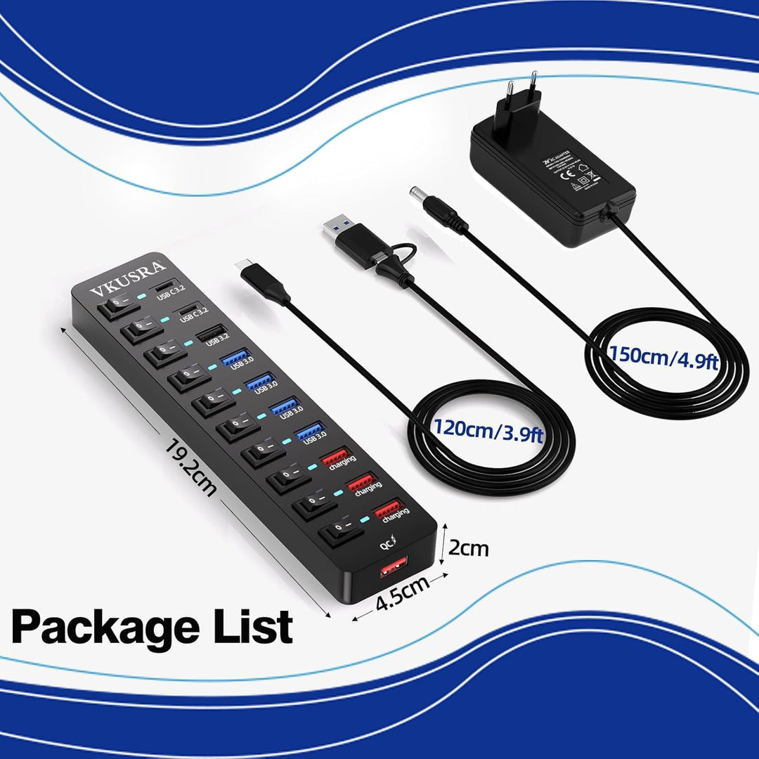 USB Hub mit Netzteil, VKUSRA 11-Port USB C 3.2 Hub mit 10Gbps USB-C 3.2 Datenports*2 und USB 3.2 Dat