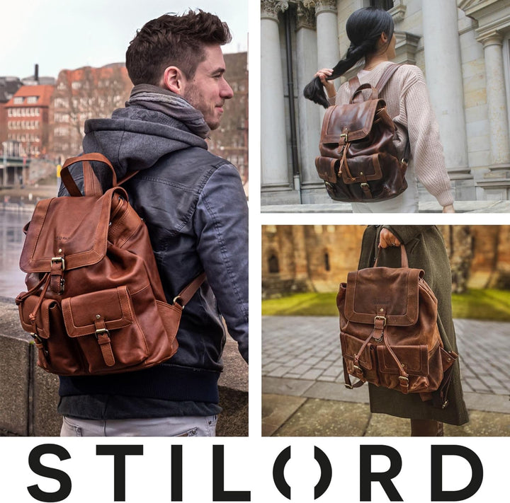 STILORD 'Nora' Grosser Lederrucksack Vintage Hochwertiger Daypack 13.3 Zoll Rucksack-Handtasche für