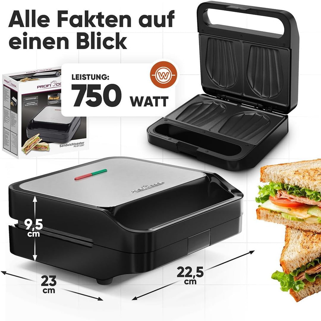 ProfiCook® Sandwichmaker | muschelförmige Sandwiches mit extra viel Füllung | antihaftbeschichtet |