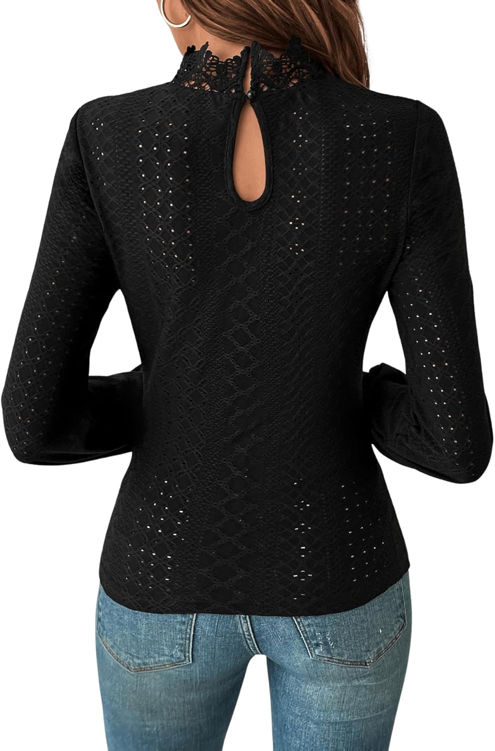 GORGLITTER Damen Oberteil Elegant Top mit Spitzen Trachentenbluse Langarm Dirndlbluse Spitzenshirt H