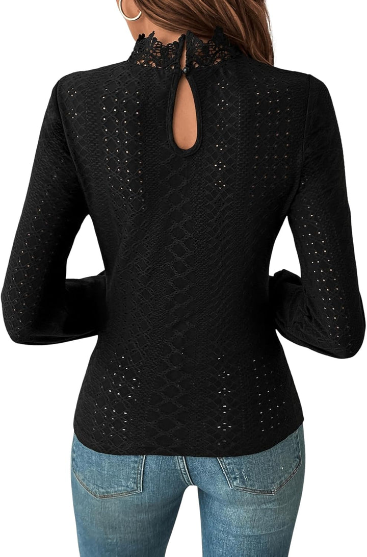 GORGLITTER Damen Oberteil Elegant Top mit Spitzen Trachentenbluse Langarm Dirndlbluse Spitzenshirt H