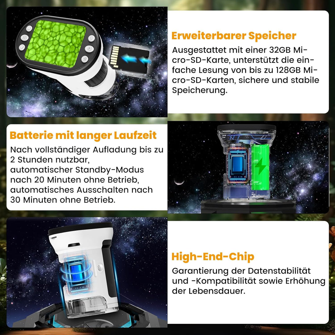 FIVAVA 1000X Mikroskop für Kinder, tragbares Digitales Mikroskop mit 2,0-Zoll-IPS-Display, Kinderlup