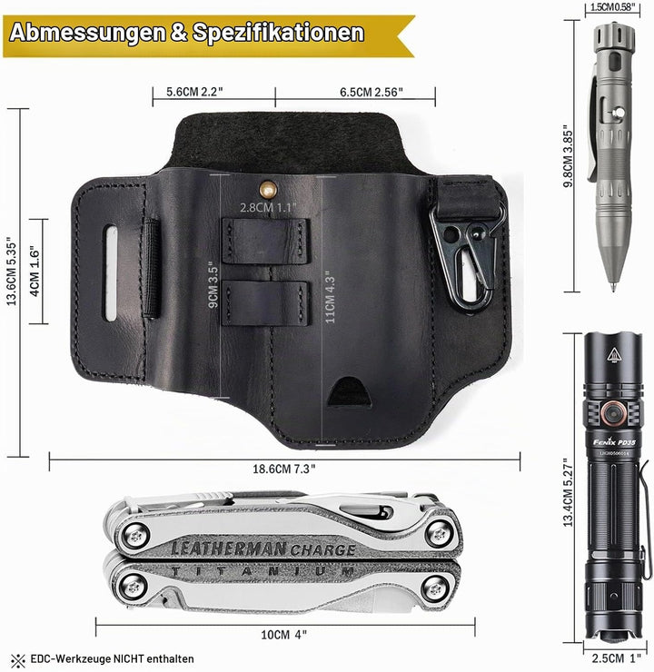 VIPERADE PJ35 EDC Lederscheide Multitool Scheide mit 3 Taschen, Werkzeuge Holster Messer Gürtelschei