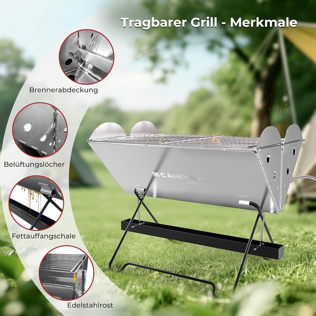 CAMPLUX Faltbarer Campinggrill Gas für Outdoor Reisen, 2 kW, FoldGo FG14GS