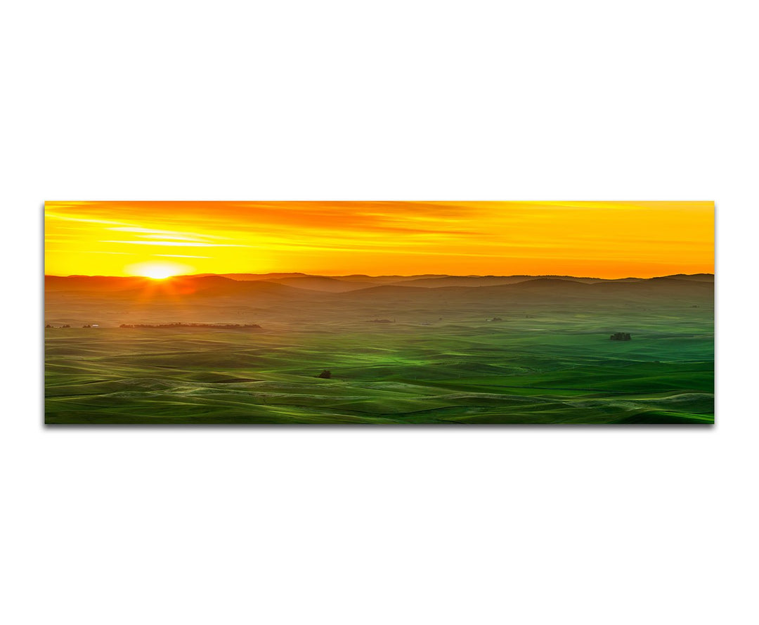Paul Sinus Art Panoramabild auf Leinwand und Keilrahmen 150x50cm Wiesen Berge Sonnenaufgang