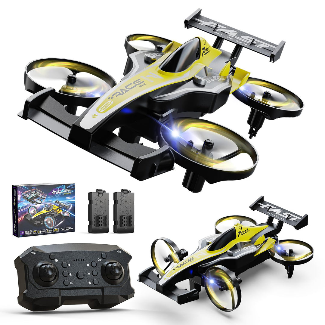DEERC HT35 2-in-1 Drohne und RC-Auto für Kinder, ideal für Anfänger, Gelb | 3 Geschwindigkeitsstufen