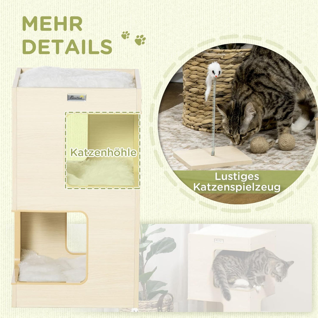 PawHut Katzenhöhle Katzenbett 3-stufiges Katzenhaus mit Kissen, Katzenzelt Haustierhaus Eiche 34 x 3
