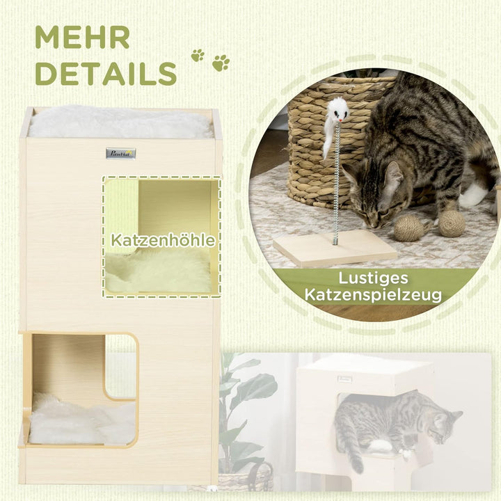 PawHut Katzenhöhle Katzenbett 3-stufiges Katzenhaus mit Kissen, Katzenzelt Haustierhaus Eiche 34 x 3
