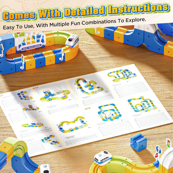 224 Stück Cube Track Set mit Saugnapf &amp; Type-C Ladung, Elektrische Eisenbahn mit 2 Zügen &amp; 3D Gear T