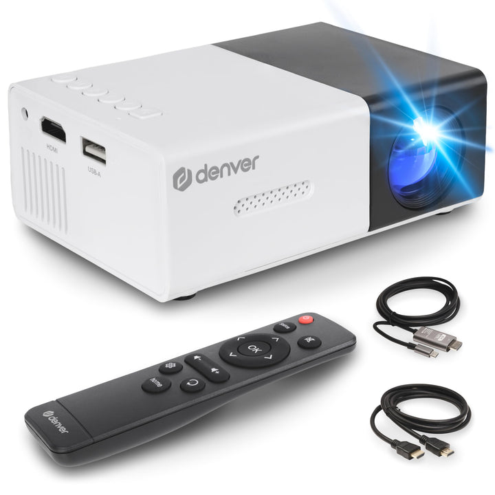 DENVER PR-1000 Mini Beamer, Unterstützt Full HD 1080p, Tragbarer LED Projektor mit HDMI, USB-C & Mic