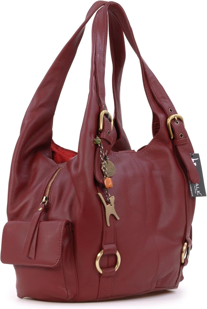 Catwalk Collection Handbags - Damen Leder Schultertasche - Handtasche Gross - Hobo Bag mit Viele Fäc