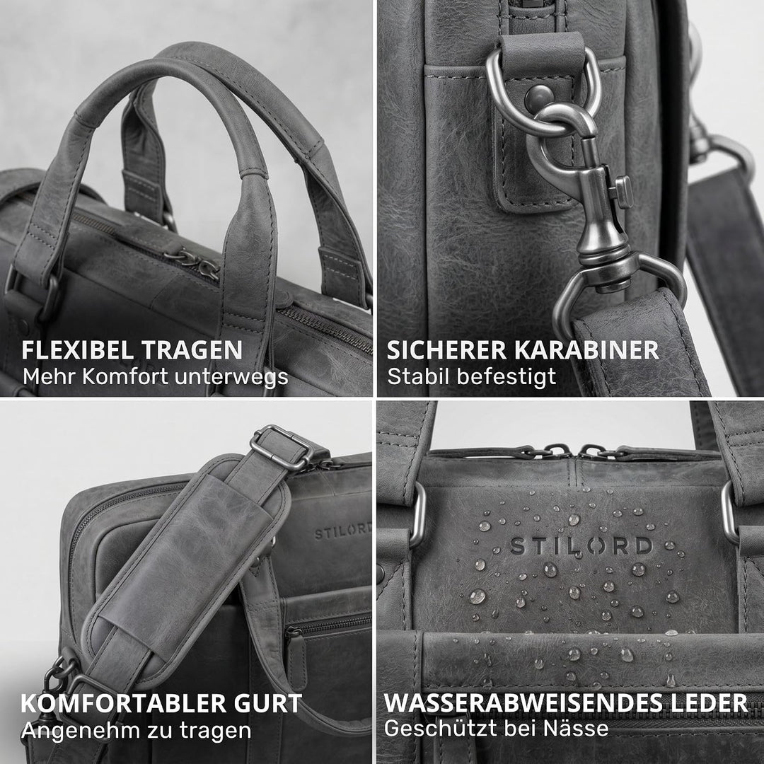 STILORD 'Nico' Grosse Businesstasche aus Hochwertigem Leder für 15.6 Zoll Laptop, Farbe:carbon - gra