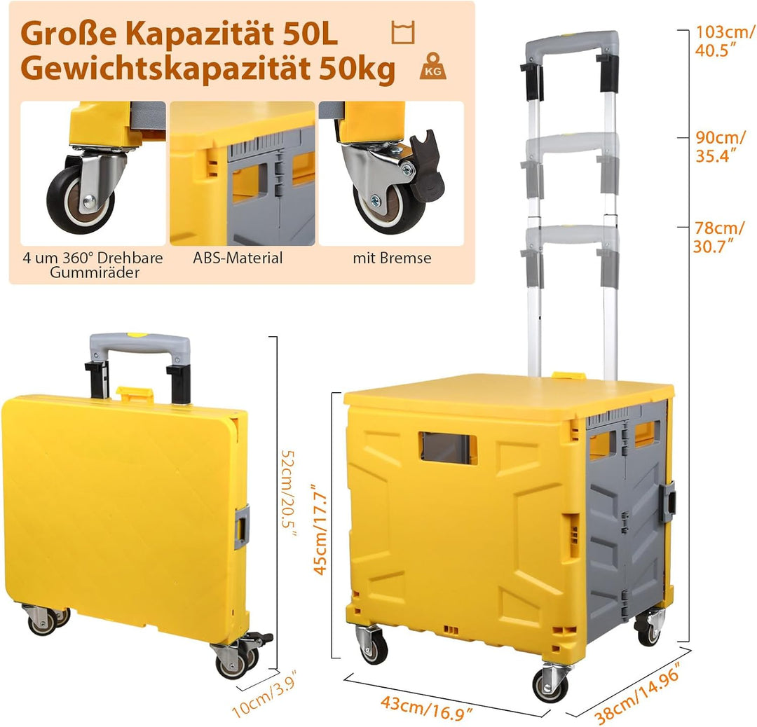 Einkaufstrolley Klappbar, Transport Trolley, bis 50 kg, 50 l Kiste, Einkaufskorb mit Deckel, Auszieh