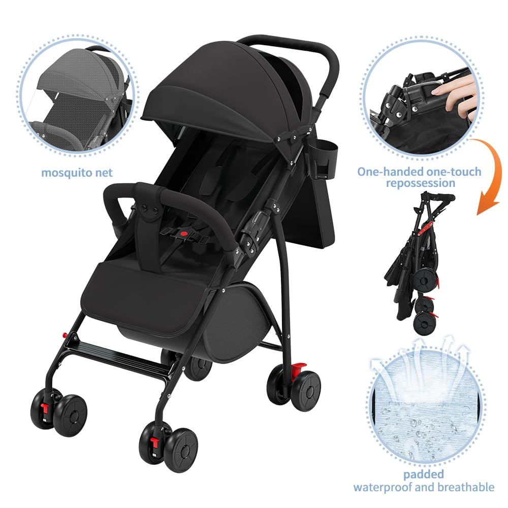 Kinderwagen mit kompaktem Gehstock, 0 – 36 kg, Reisekinderwagen mit Baumwolle und Moskitonetz, Einka
