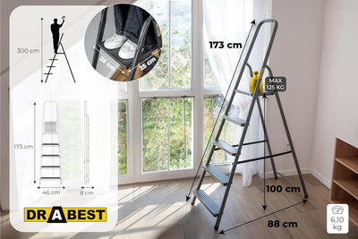 DRABEST - Stehleiter - mit 5 Stufen - bis 125 kg belastbar - 1,73 m lang - Arbeitshöhe 3 m - Trittle