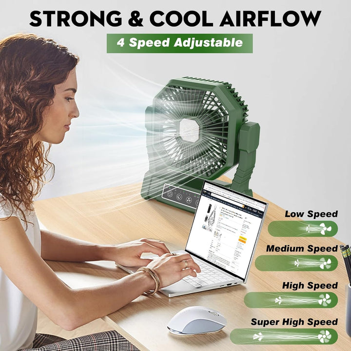 Camping Ventilator mit LED-Licht, Wiederaufladbarer Camping Fan mit Haken & Fernbedienung, 4 Geschwi