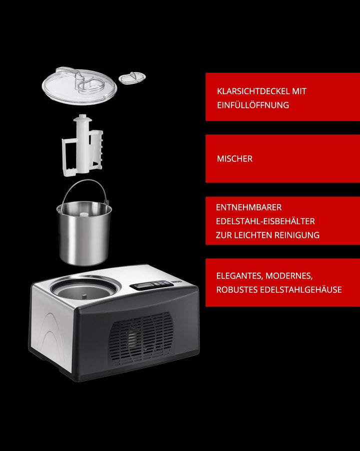 UNOLD Eismaschine Cortina, mit Kompressor, 1,5 Liter Eiscreme, 48806 Schwarz-silber