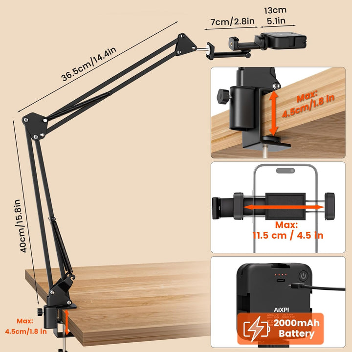 Overhead Stativ Handy mit Licht,Winkel einstellbar Handy Stativ mit Licht 3 Lichtfarben Einstellbare