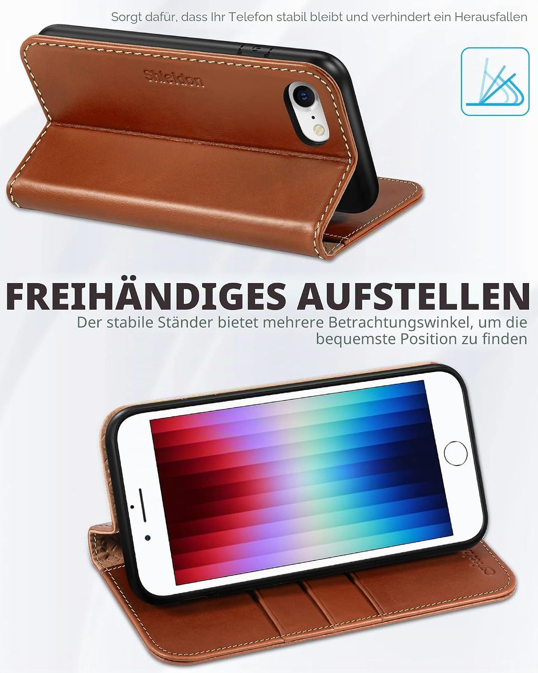 SHIELDON Hülle für iPhone SE 2022/iPhone 8 5G Handyhülle [Rindsleder] [Kartenfach] [Stand], Schutzhü