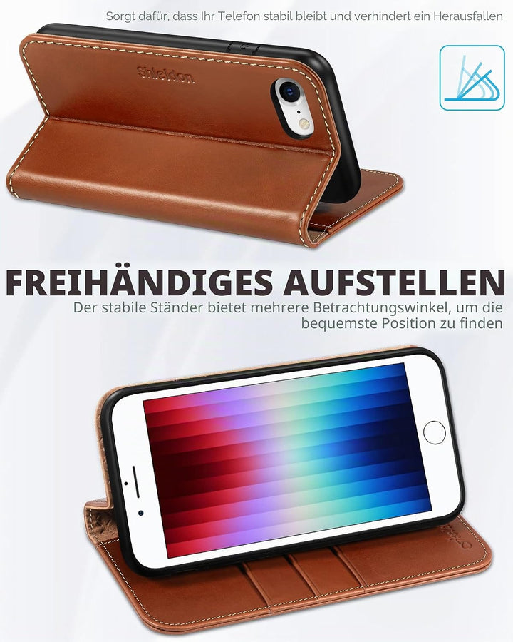 SHIELDON Hülle für iPhone SE 2022/iPhone 8 5G Handyhülle [Rindsleder] [Kartenfach] [Stand], Schutzhü