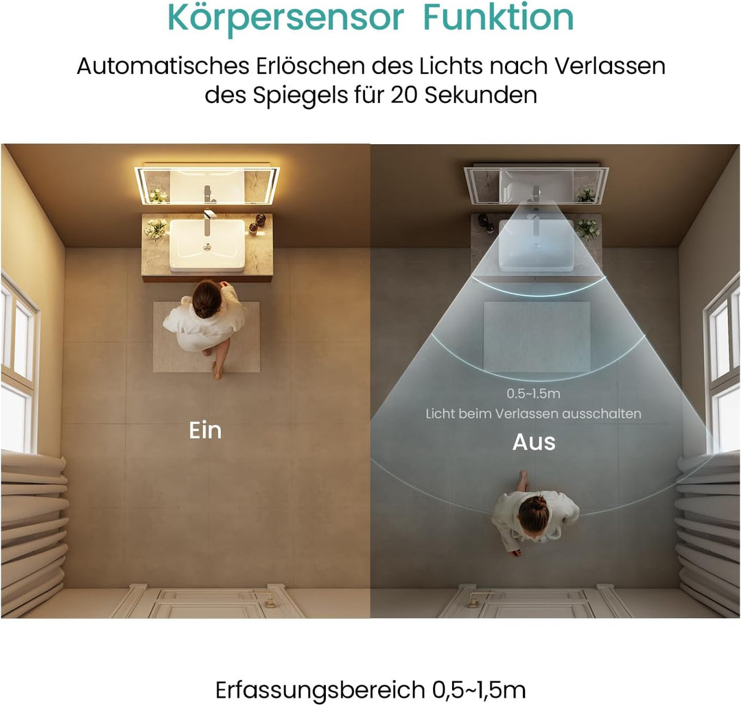 EMKE LED Badspiegel 70x50 cm mit Bewegungssensor, 3 dimmbare Lichtfarben, beschlagfrei, Touch, autom