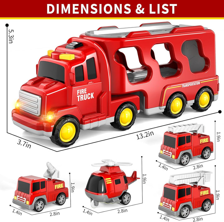 5-in-1 Feuerwehr-Spielzeug für Kleinkinder Jungen & Mädchen, Friktions-Auto-Transporter mit Licht &