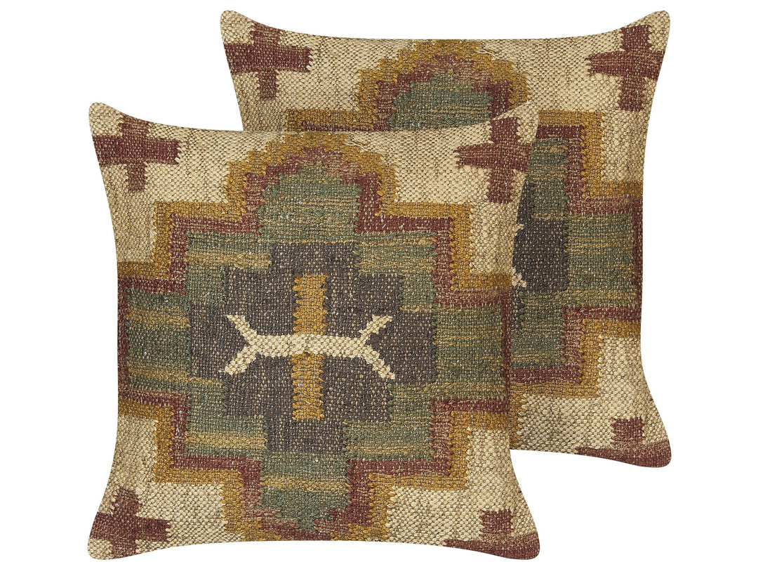 Kissen im Kelim-Stil 2er Set, orientalisches Ethno-Muster, Jutewolle, 45 x 45 cm, PULICAT