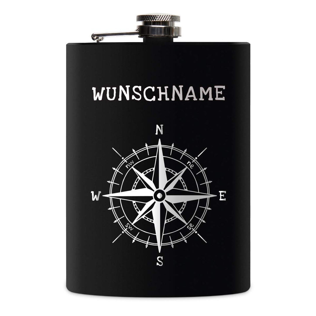Flachmann Edelstahl Schwarz Matt 237 ml 8 oz individuelle Gravur in Silber - Kompass, Kompass