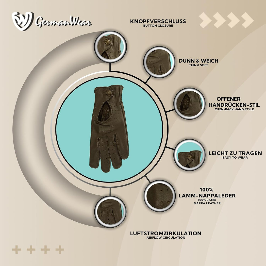 German Wear Unisex Driving Autofahrer-Handschuhe Lederhandschuhe 7=S Taupe, 7=S Taupe