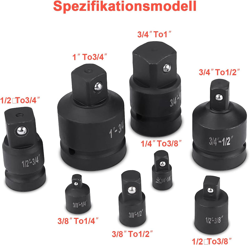 8tlg Kraft-Adapter Set, Impact Socket Set Steckschlüssel-Adapter-Set Schlagschrauber-Konverter-Reduz