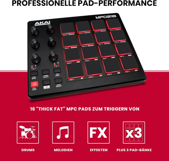 AKAI Professional MPD218 - MIDI Pad Controller, Drum Pad Machine, Beat Maker mit 16 Pads, zuweisbare