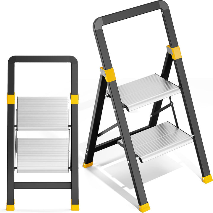 KINGRACK Trittleiter 2 Stufen Klappbar Aluminium, Klappleiter mit Handlauf, Haushaltsleiter Anti-Rut