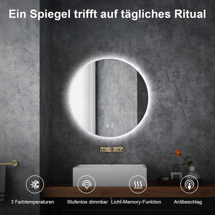 Trintion LED Spiegel Bad mit Beleuchtung 50 cm Rund – Touch-Schalter, Beschlagfrei, Dimmbar – Badezi