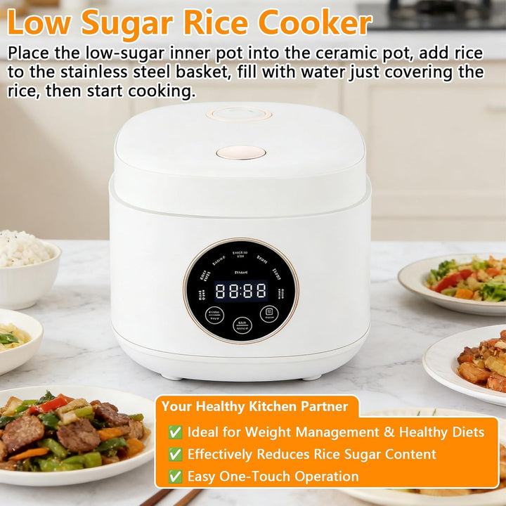 2L Low Sugar Reiskocher, Rice Cooker mit Low Carb Funktion, 500W Digitaler Multikocher mit 24-Stunde