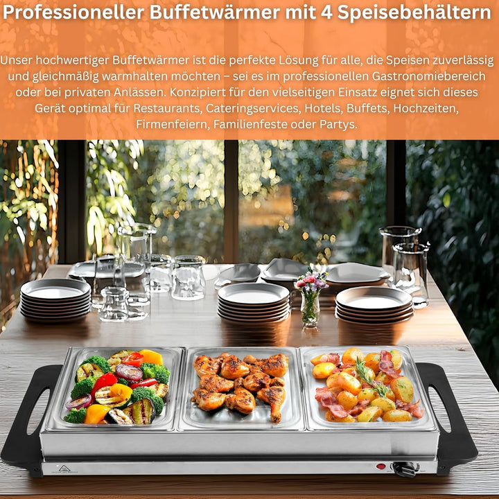 Buffetwärmer | Warmhalteplatte | Speisewärmer | 300 Watt | 4 Speisebehälter | Buffet Wärmer | Speise