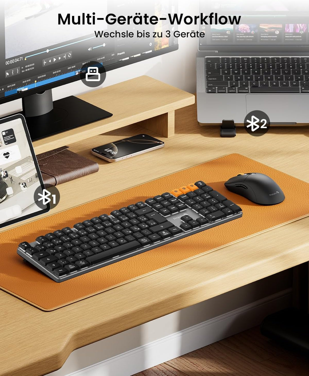 ProtoArc Mechanische Tastatur Maus Set Kabellos, KM310 Full-Size Wiederaufladbare Funktastatur Maus,
