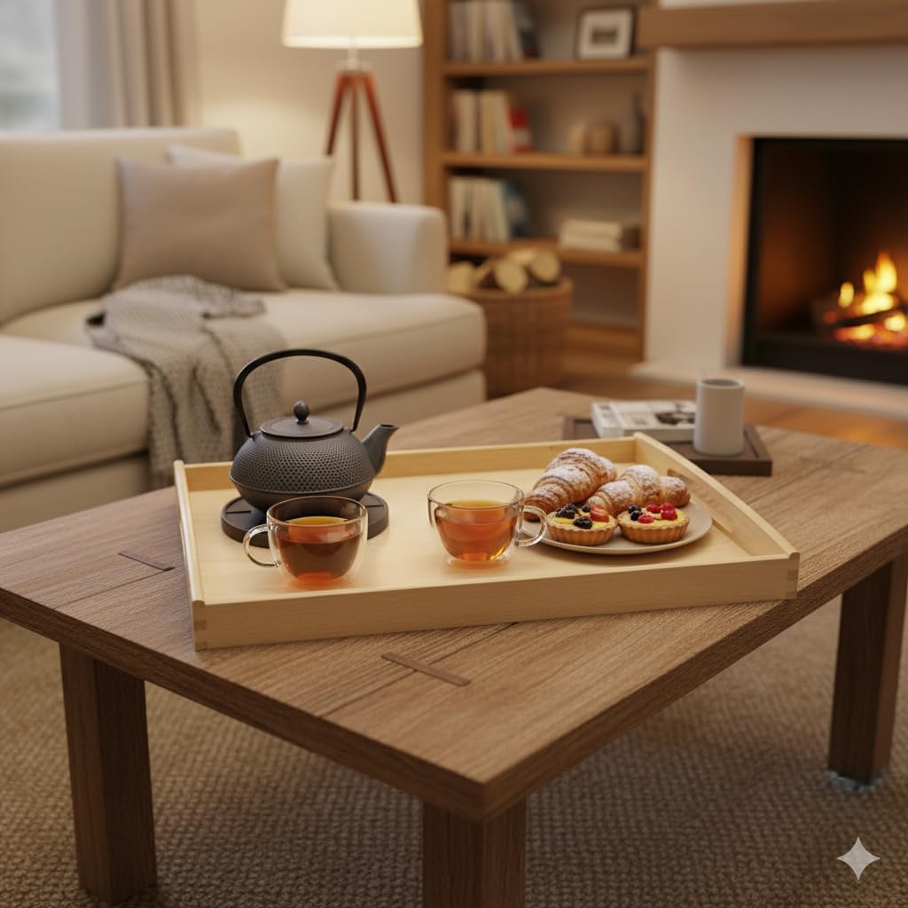Serviertablett 50 x 40 cm, Holztablett, mit Griffen, Küchentablett Frühstückstablett, Tablett Holz T