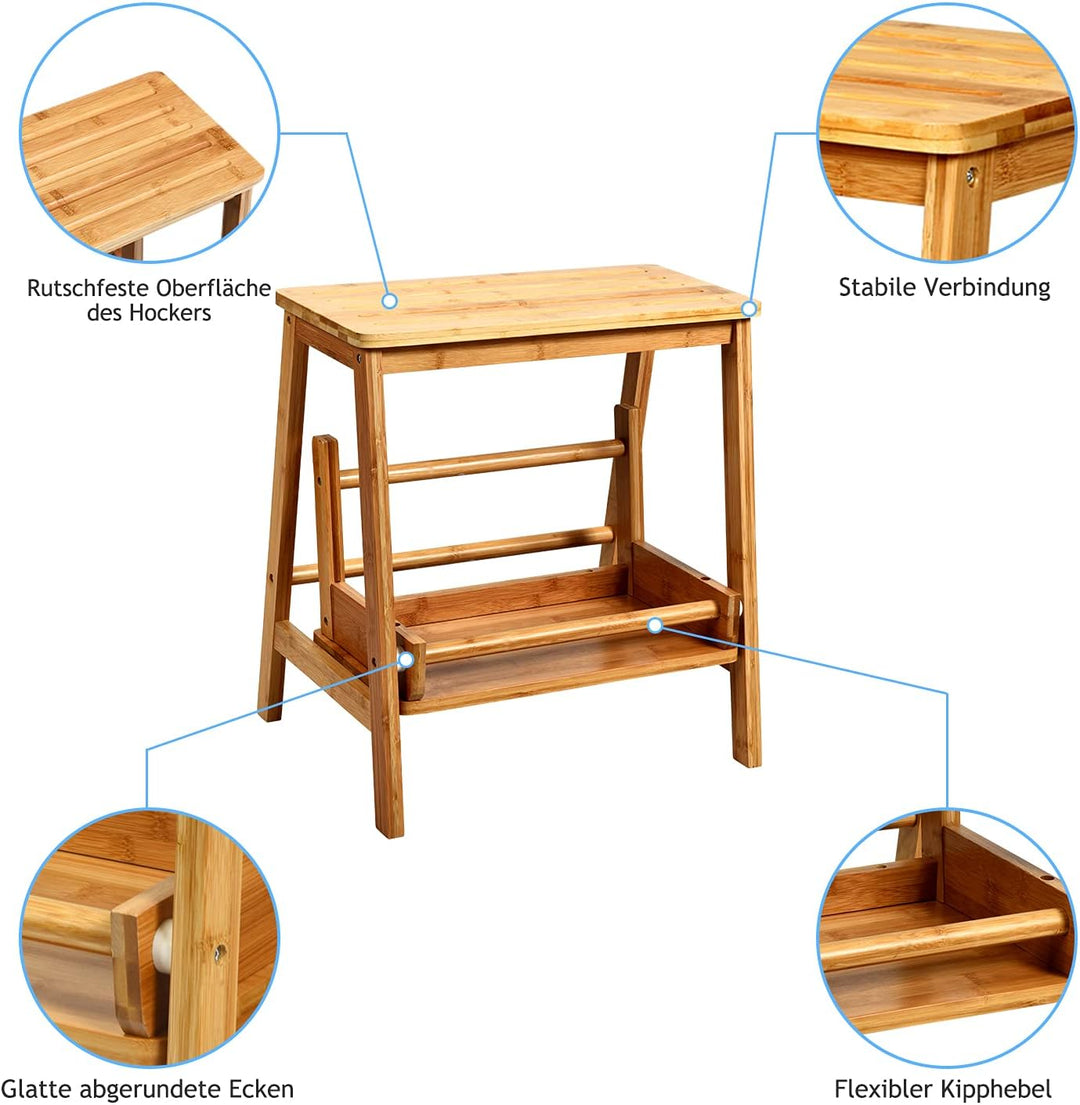 GOPLUS Klappbarer Tritthocker, 48cm hoch Fussbank aus Bambus bis 100 kg belastbar, Trittschemel mit