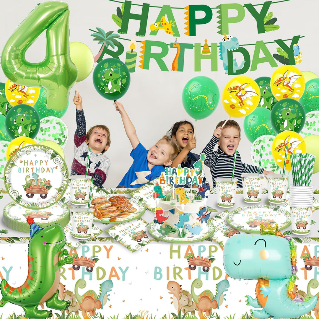 Dino Geburtstag Deko 4 Jahre, Dinosaurier Partygeschirr Set, Geburtstagsdeko 4 Jahre Junge, Dinosaur