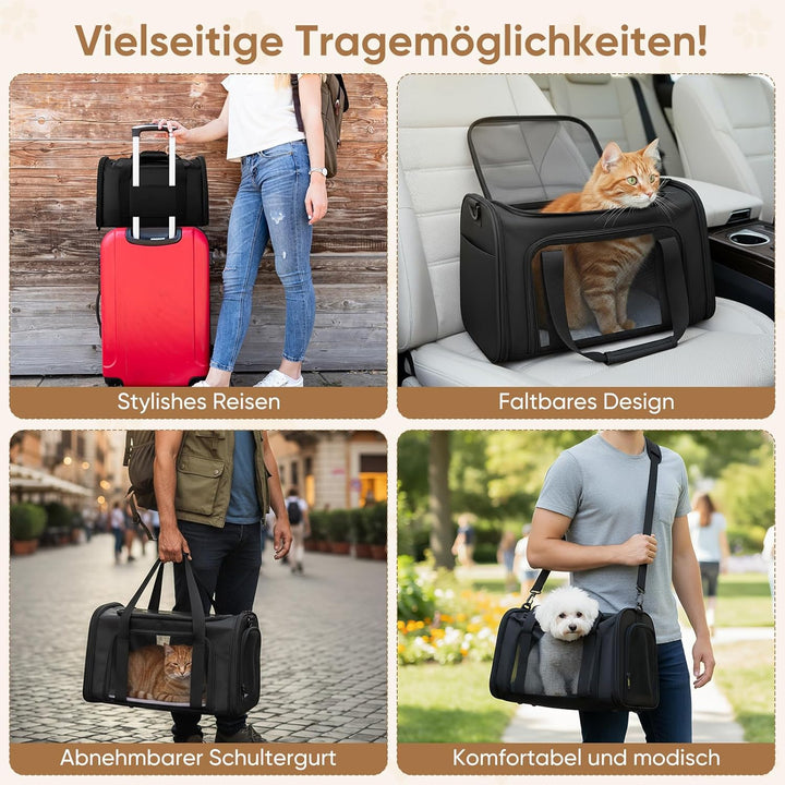 Transporttasche Katze und Hund, Faltbare Katzentransportbox, Haustiertragetasche mit Einstellbar Sch