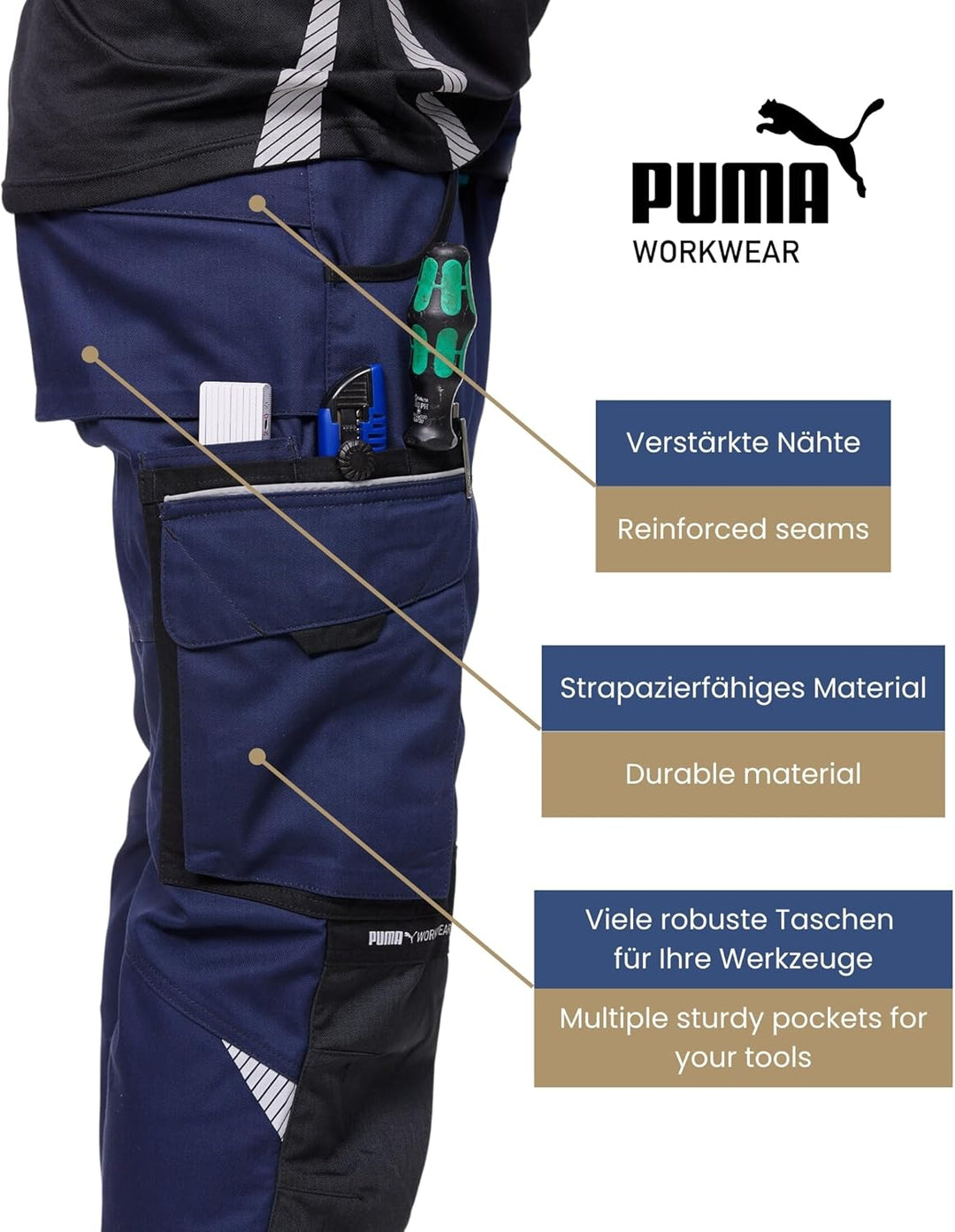 PUMA WORK WEAR Premium Arbeitshose mit vielen Taschen und extra verstärktem Nylon Gewebe 52 Marinebl