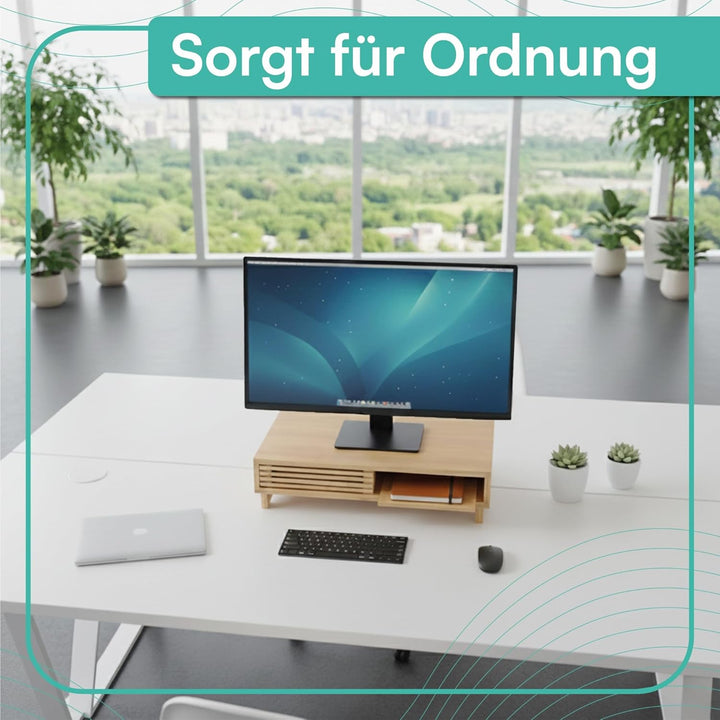 pixly® Monitorständer mit Schiebefach 42x24x10,5 cm ergonomische Monitorerhöhung Holz mit Stauraum S