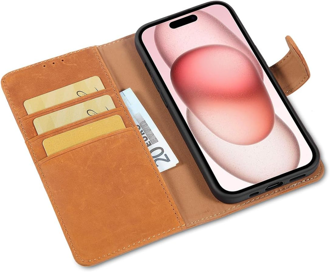 LENSUN Echtleder Hülle für iPhone 15, Handyhülle [Echtes Leder][Kartenfach][RFID Schutz] Handytasche