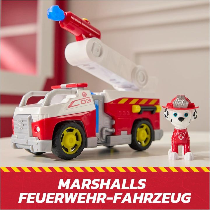 PAW PATROL – Fire Rescue Marshalls Feuerwehr-Fahrzeug mit Löschspritze und Marshall Hundefigur, Spie