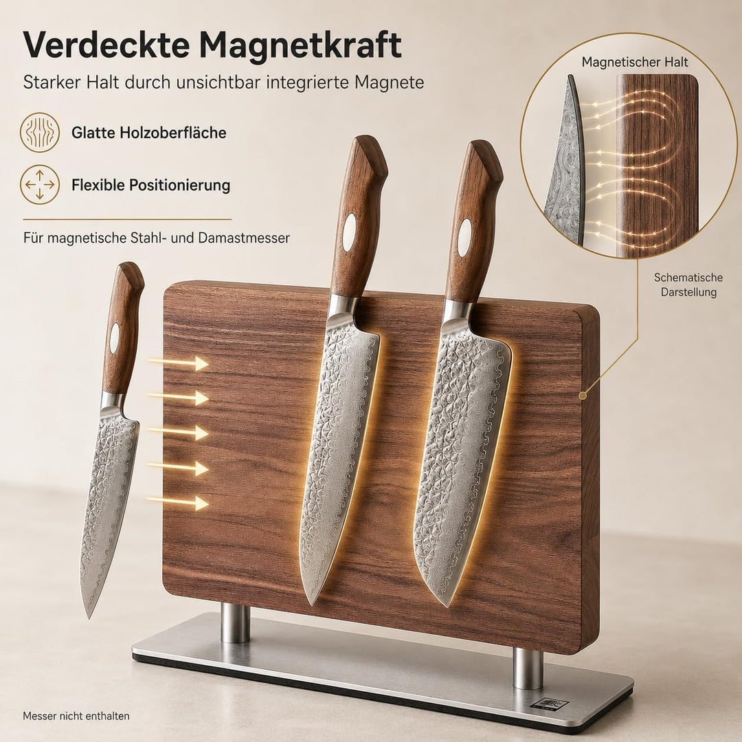 zayiko Premium Doppelseitiger Magnet-Messerhalter aus Walnussholz I Elegante Aufbewahrung für Ihre K
