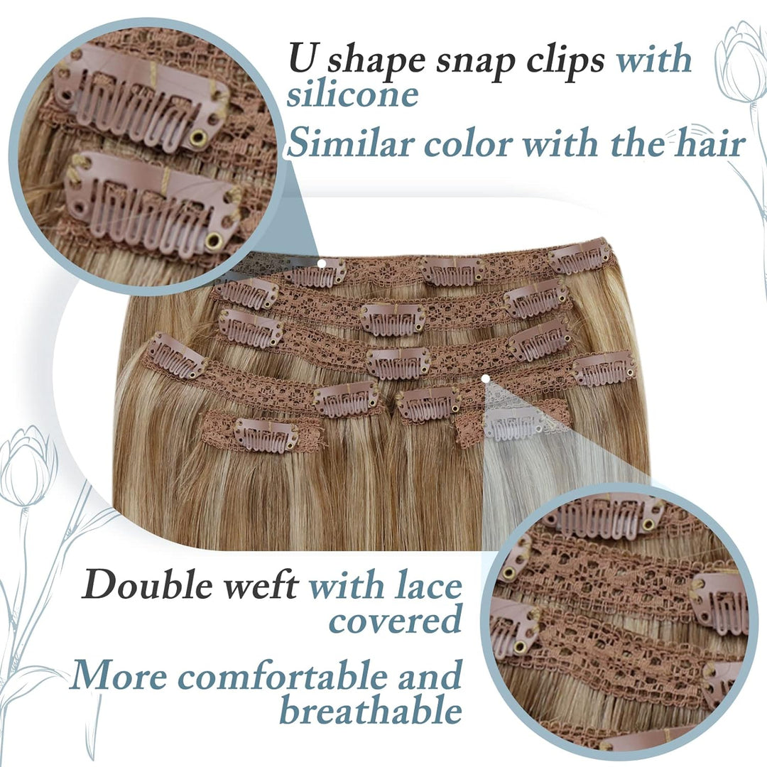 RUNATURE Blond Clip Extensions Echthaar Dunkelblond mit Goldblond Glatt Haar Clip in Haarextensions