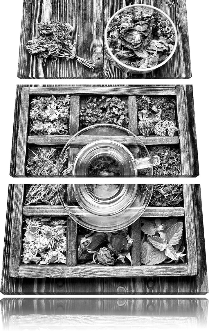 Pixxprint Monocrome, getrocknete Blumen in rustikalem Setzkästchen 3-Teiler Leinwandbild 120x80 Bild