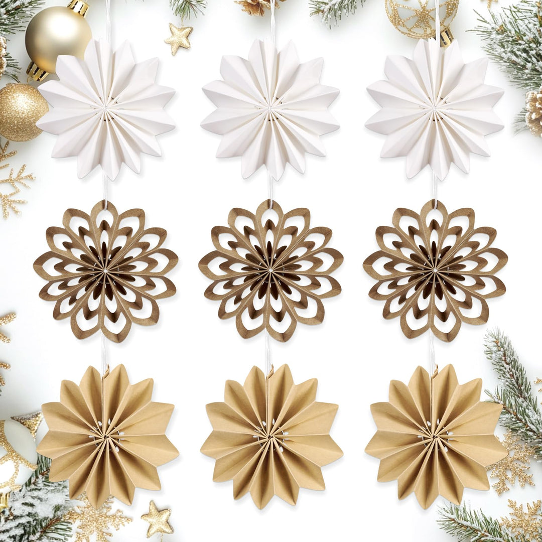 EASY JOY 9 Stück Boho weihnachtsbaumschmuck 3D Mini Weihnachten Papier Fächer Ornamente Pappsterne W