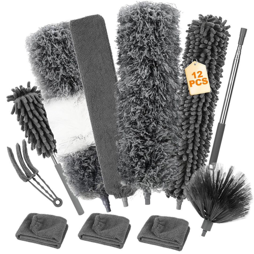 12 Stück Staubwedel Teleskop Set, Staubwedel Lang Ausziehbar bis 245cm, Waschbar Spinnenbesen mit Te