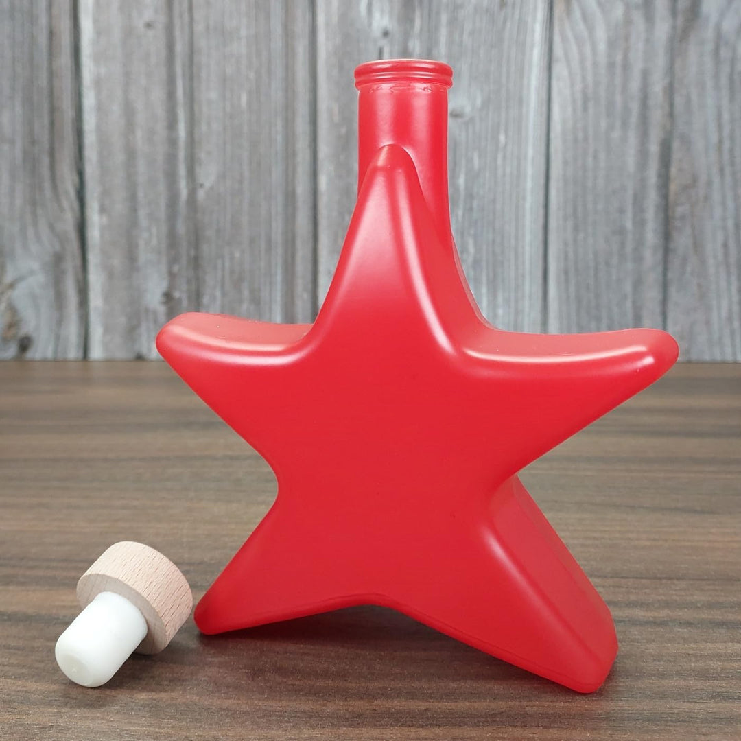 gouveo 6er Set Glasflasche 200 ml Stern rot gefrostet mit Holzgriffkorken - Weihnachtsflasche in Ste